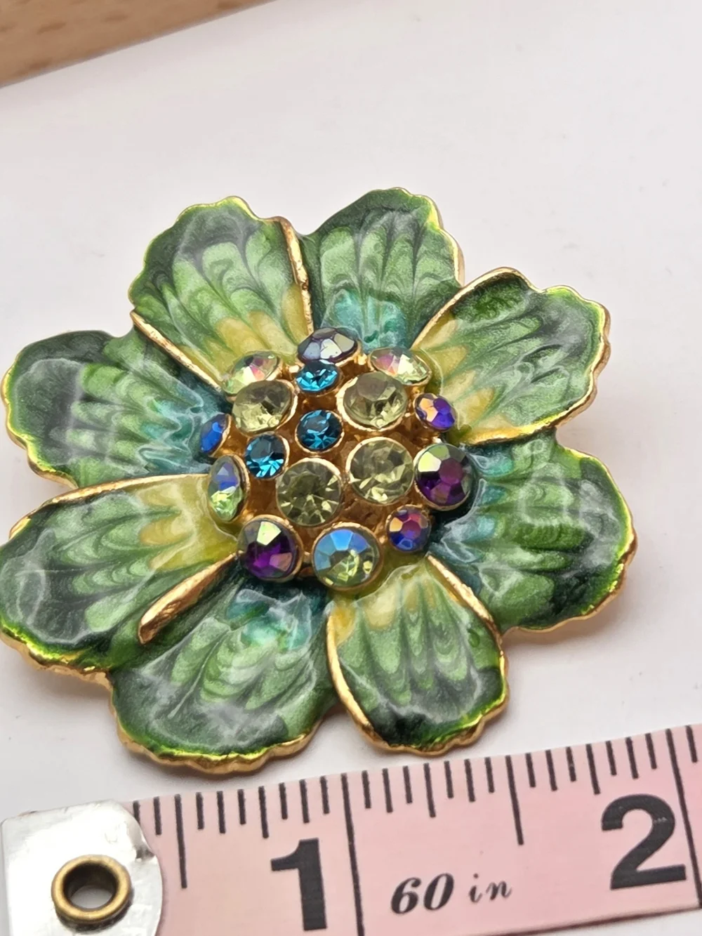 Vintage Enamel Green Flower Brooch AB Rhinestone Center Gold Tone Pin